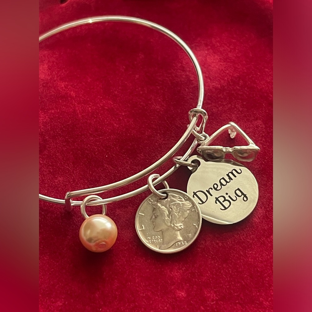 Peculiar unique Bangle bracelet with mercury dime and charms